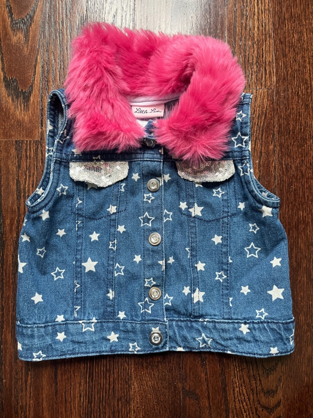 Little Lass Denim Vest with Hot Pink Faux Fur Trim